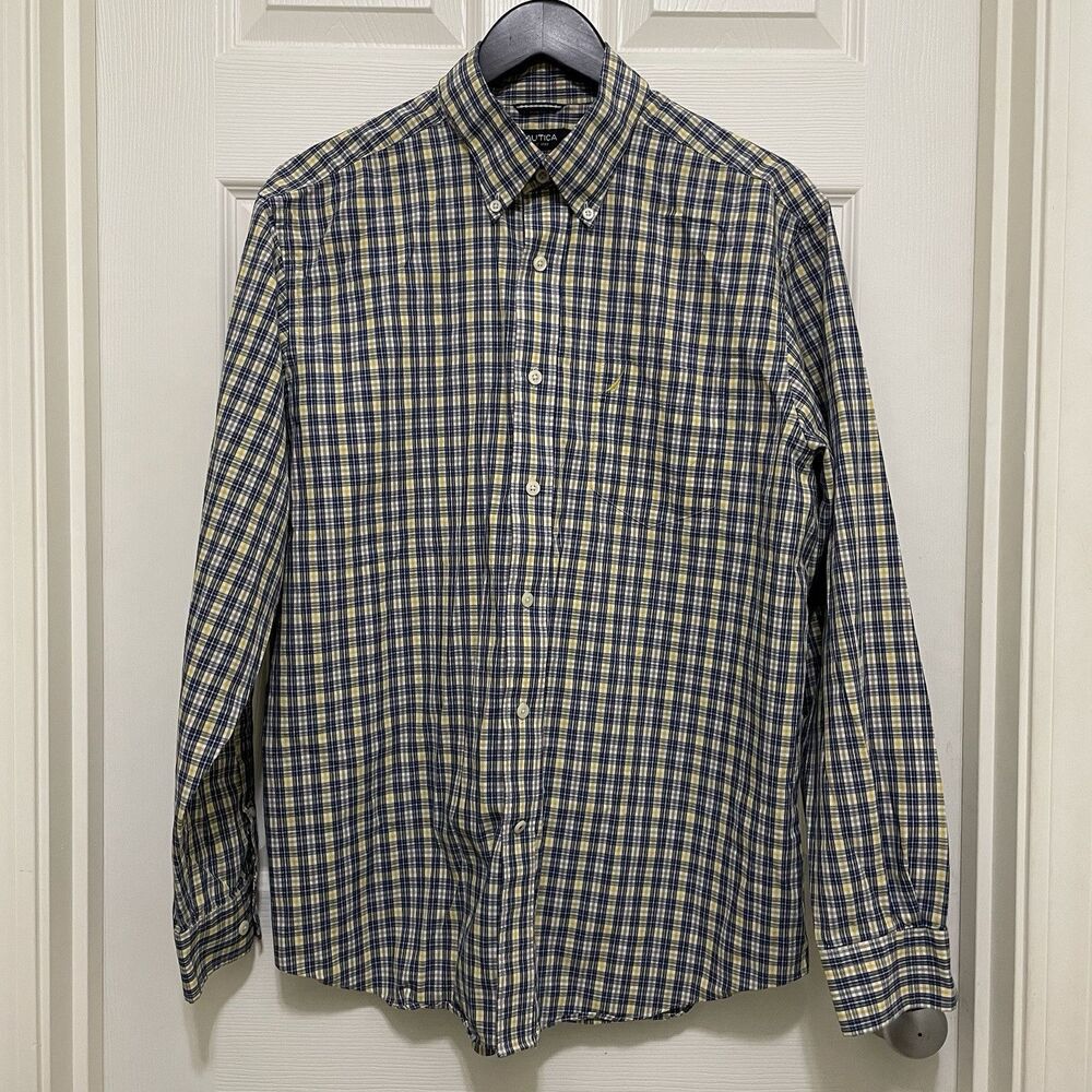 Nautica Wrinkle Resistant Blue & Yellow Plaid Button Down Dress Shirt Mens Large